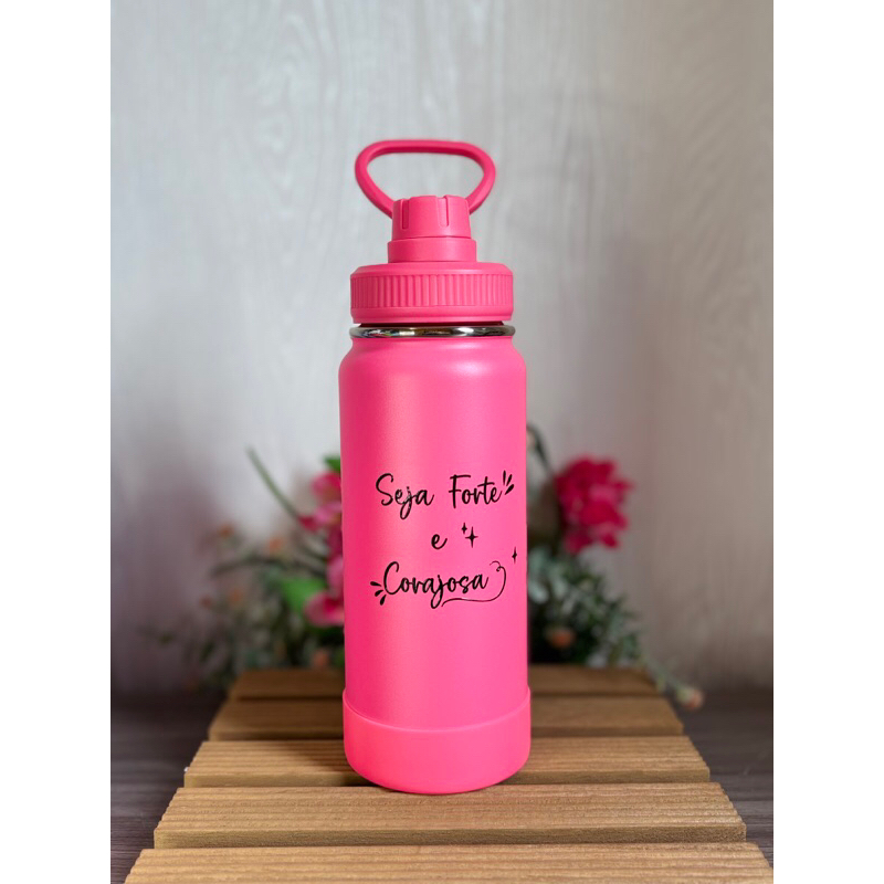 Garrafa Térmica inox 600ml | Seja forte e corajosa | Inox com Base de Silicone | Garrafa cristã | Frases Biblicas