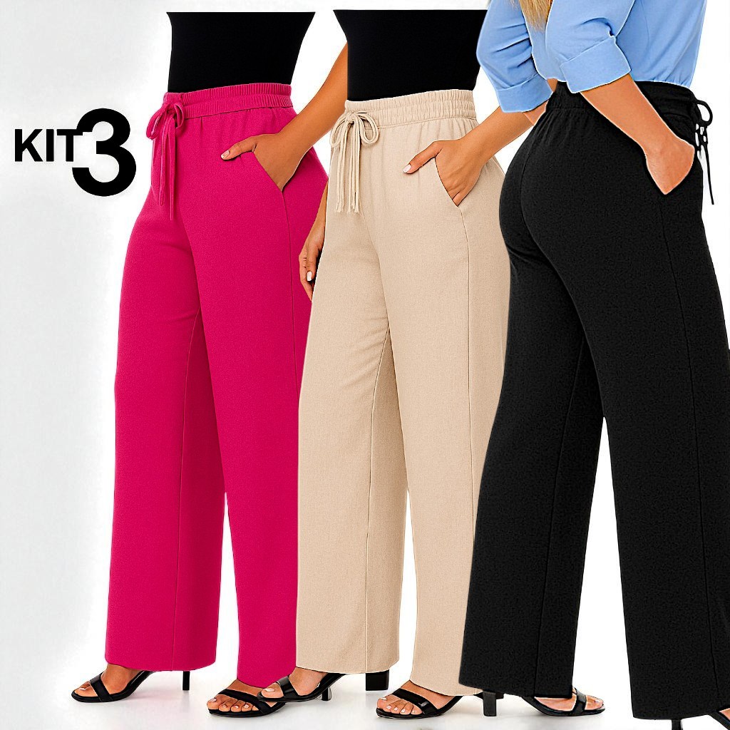 Kit 3 Calça Feminina Pantalona Tecido Duna Confortável Cintura Alta Com Bolso