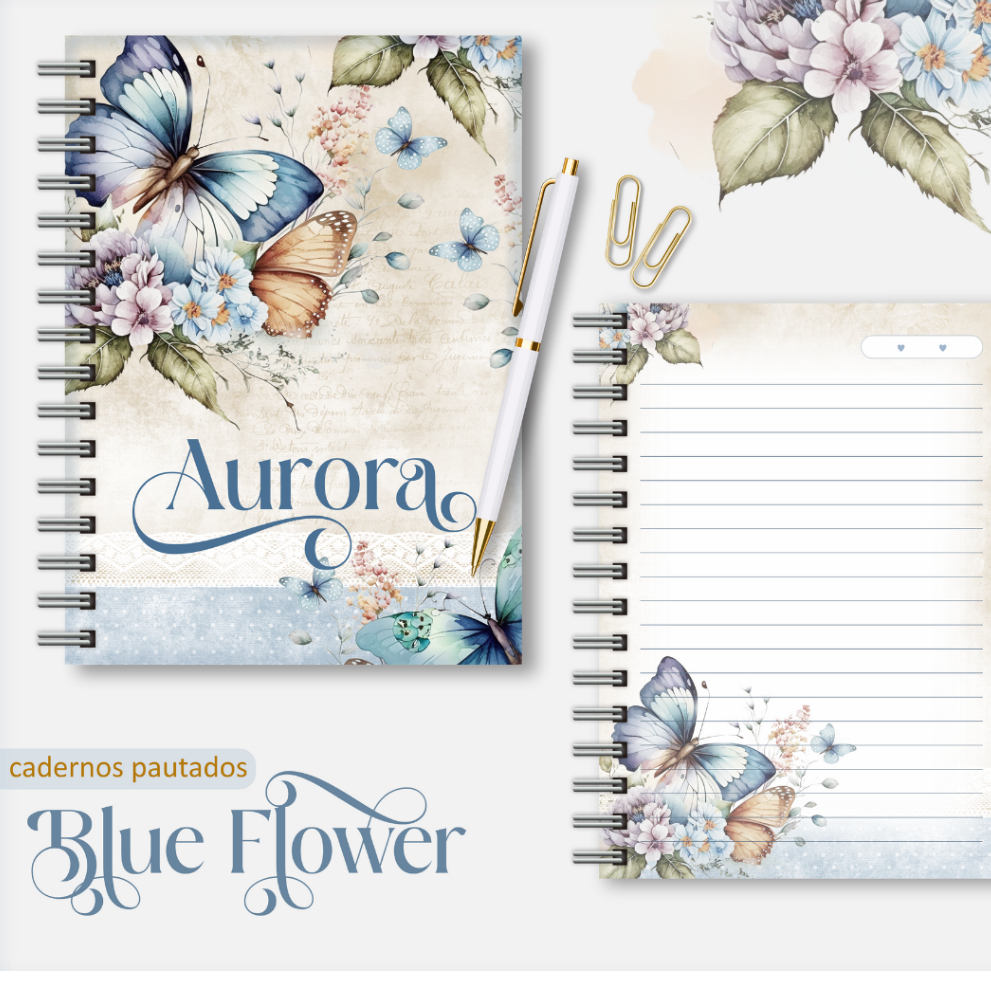 Caderno Floral Borboletas Azul Pautado Capa Dura A5 200 Páginas Caderno Oração Com Nome Envio Rápido