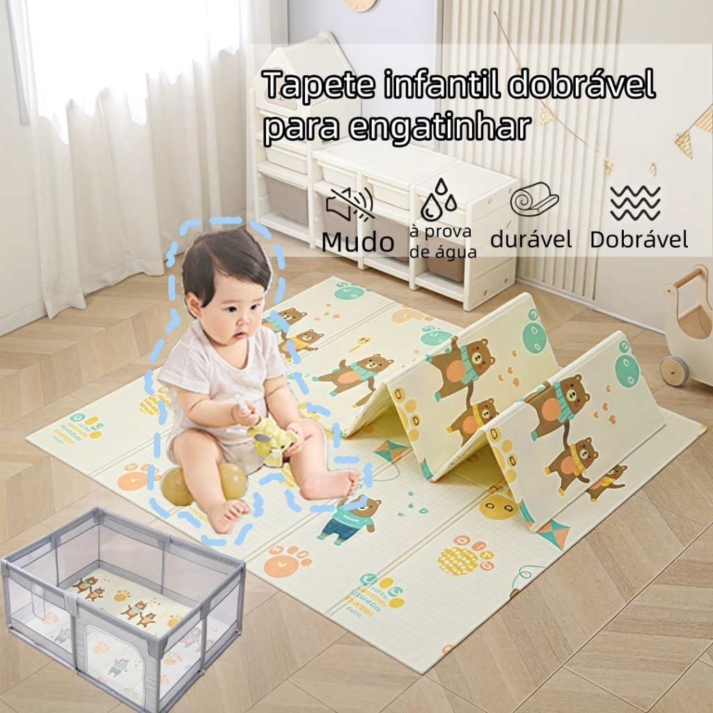 Tapete Bebê XPE 10mm 180x120/200x150cm | Certificado INMETRO + Antiderrapante | À Prova d'Água e Dobrável em 3s
