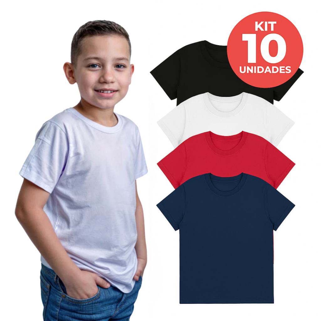 Kit 10 Camisetas Infantil Manga Curta Menino Bebê Básica Lisa Tamanho 2 ao 12, Camisa Camiseta 100% algodão Atacado.