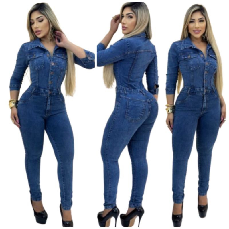 Macacão Jeans Feminino Manga 3/4 Adulto Lycra Estiloso em Oferta na Shopee