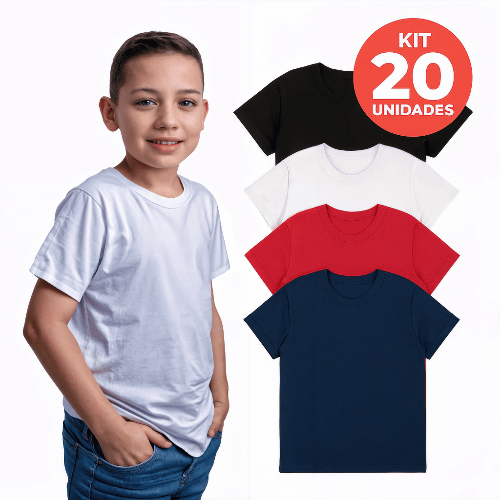 Kit 20 Camisetas Infantil Manga Curta Menino Bebê Básica Lisa Tamanho 2 ao 12, Camisa Camiseta 100% algodão Atacado.
