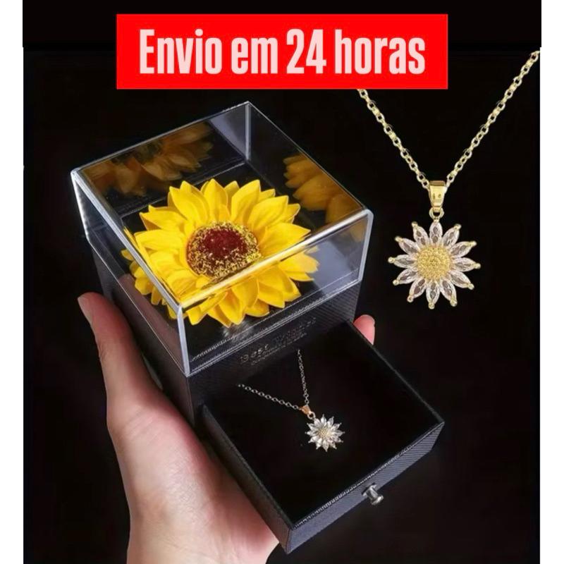 Caixa de joias com girassol + colar girassol pedrarias, representa lealdade/ amor + mensagem personalizada em Oferta na Shopee
