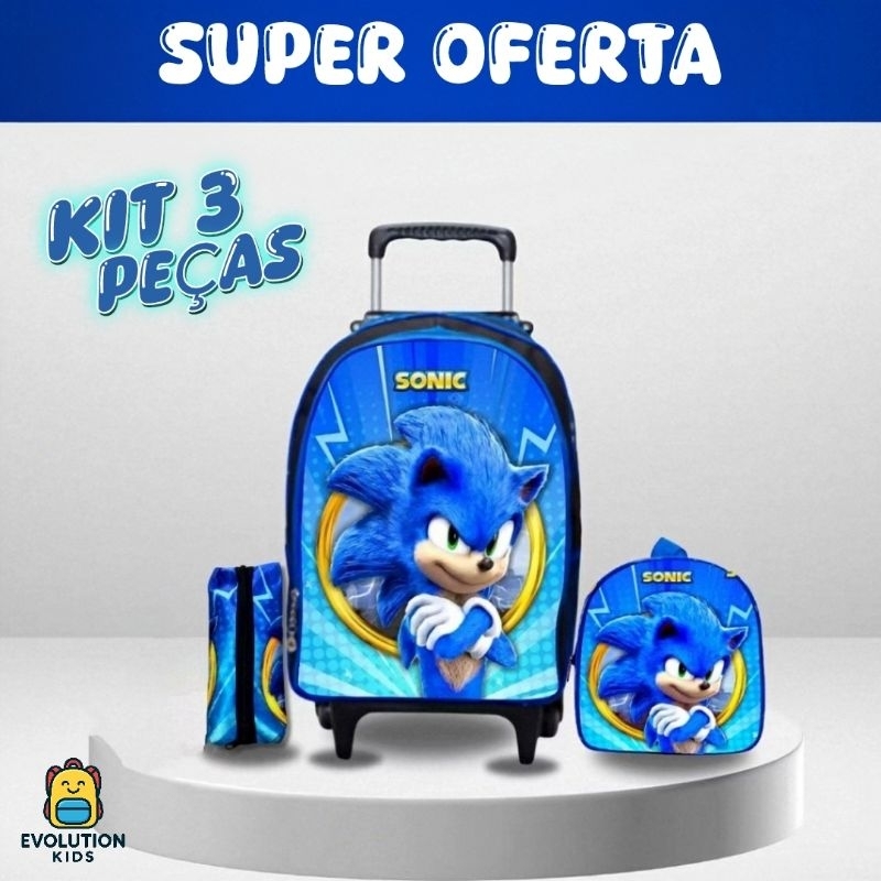 Kit Mochila Escolar de rodinhas Sonic - Estojo - Lancheira - masculino - menino em Oferta na Shopee