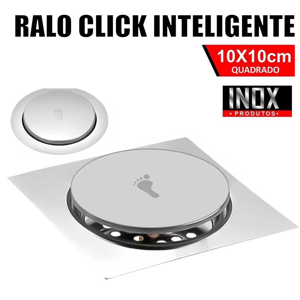 Ralo Click Inteligente 10x10 Cm Quadrado Redondo Inox Cromado - Veda Cheiro Banheiro Casa Cozinha