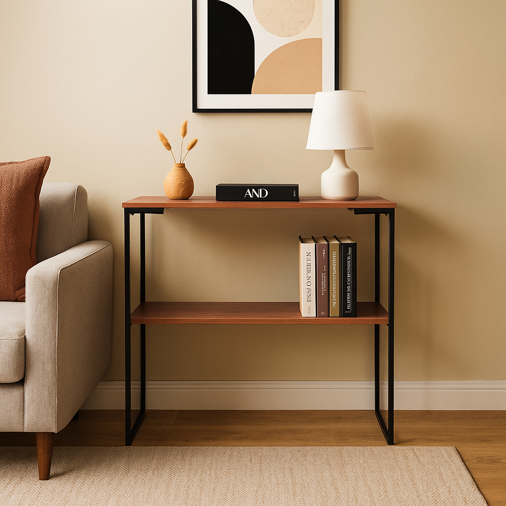 Aparador Industrial Cantinho do Café – Decoração Sala, Copa e Recepção 2 Prateleiras MDF Freijó Pés Preto em Oferta na Shopee