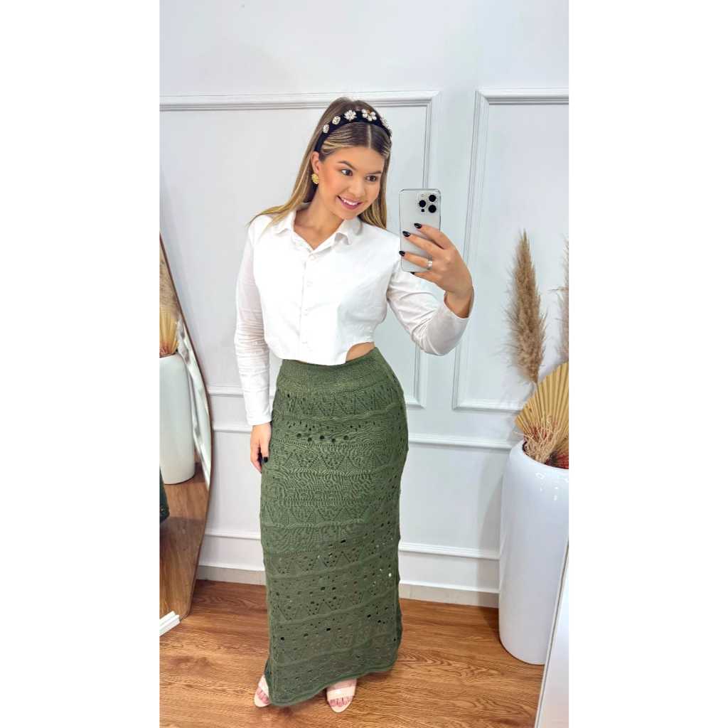 Saia Longa Tricot Rendada Ponto Crochê Texurizada Moda Verão Praia Piscina Forrada Manu Tricot