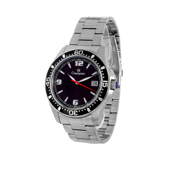 Relogio Champion Masculino Aço Prateado Preto Calendario Ca31248t