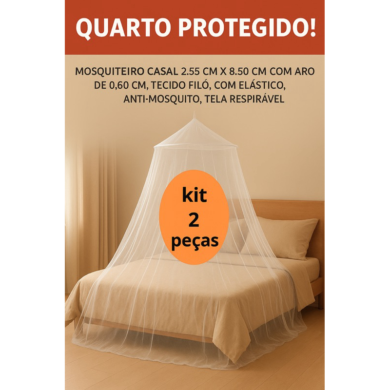 Kit 2 mosquiteiros casal/solteiro para teto c elástico em volta Filó anti-mosquitos 100% Poliéster