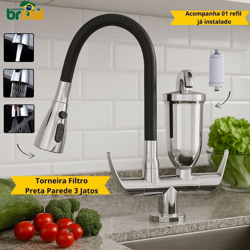 Torneira Filtro Gourmet 3 Jatos Bancada Flexível Cromada Preta