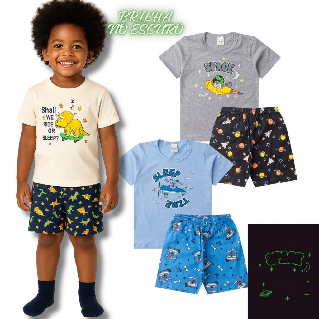 Kit 2 Pijama Infantil Menino Verão Brilha no Escuro 1 A 14 Anos Infantil Juvenil Roupa de Dormir