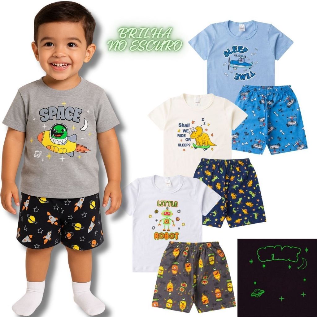 Kit 3 Conjuntos Pijama Infantil Menino 1 ao 14 - Pijamas Infantil Masculino Algodão Brilha no Escuro