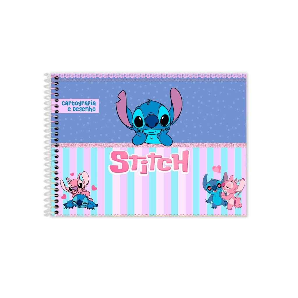 Caderno Stitch Cartografia e Desenho 96 Pagina Capa Dura Espiral Grande Escolar Infantil