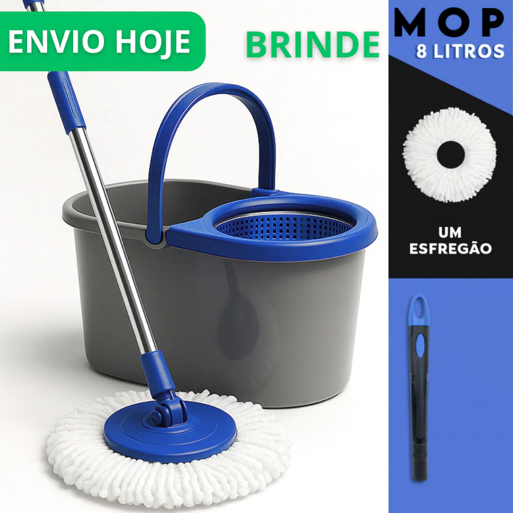 Mop limpeza Com Cabo de 110 cm + Refil - 8 Litros Cesto Em Plástico Reforçado - Balde Centrífuga — imagem 1