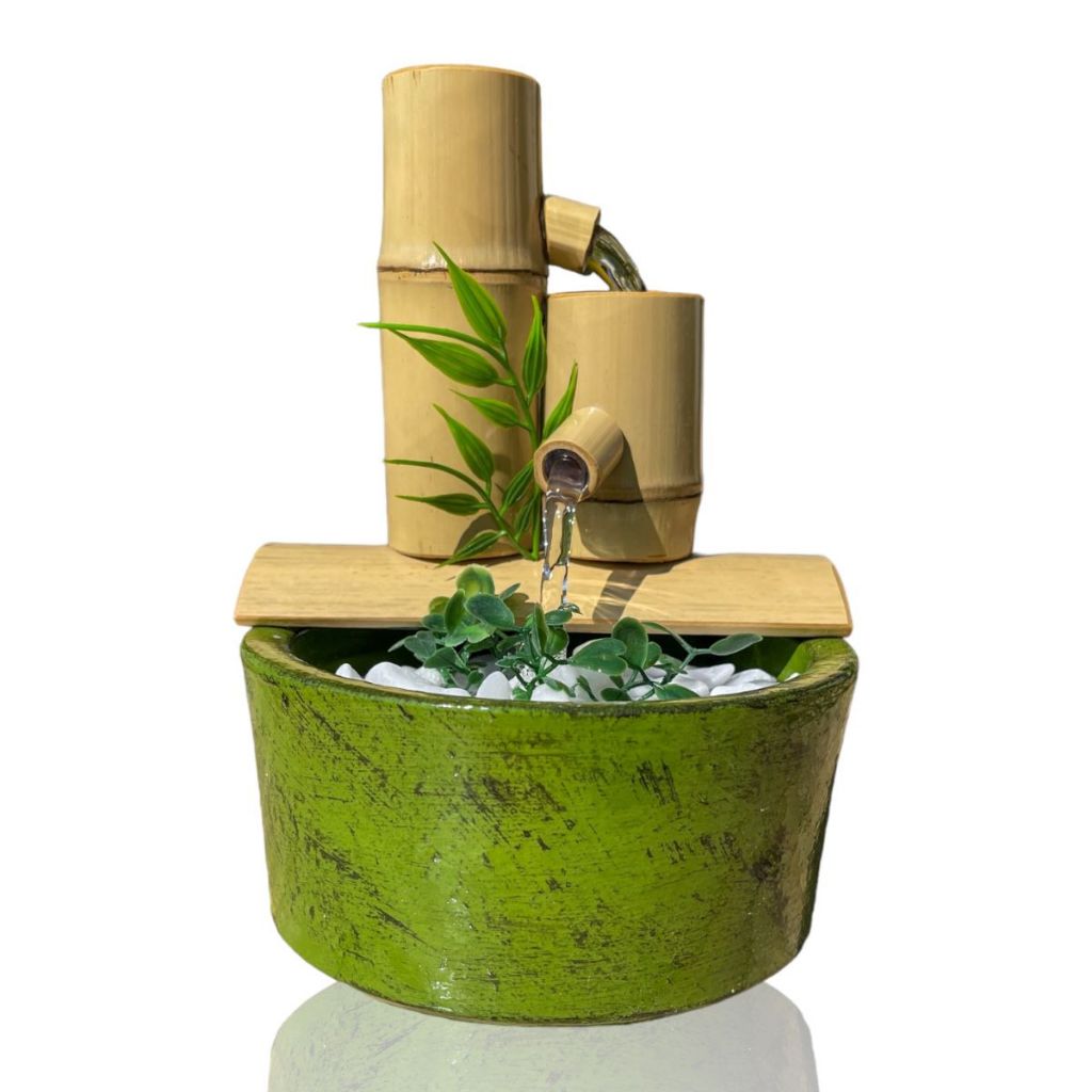 Imagem Fonte De Água Feng Shui De Bambu Zen 2 Quedas Decorativa Verde