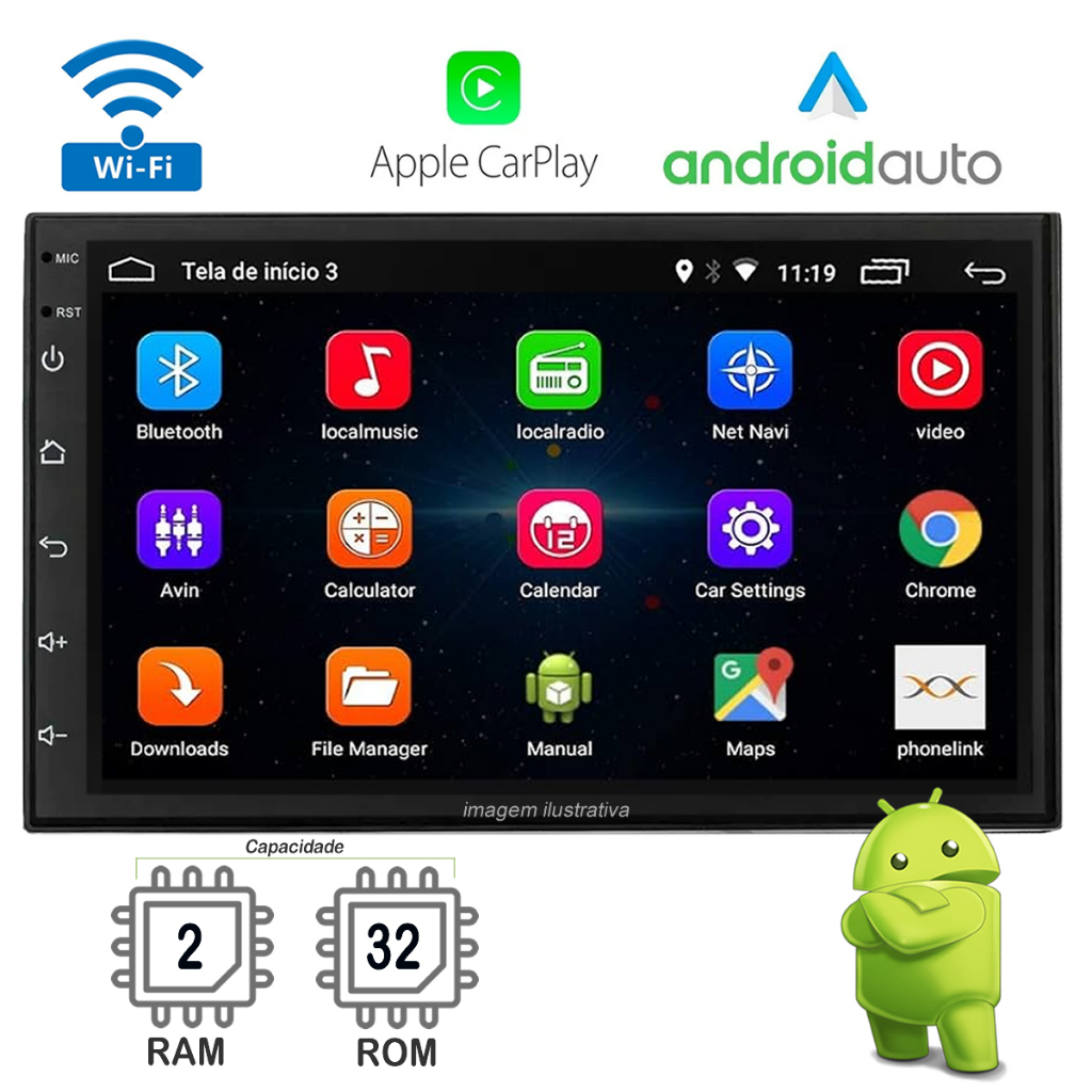 Central Multimídia Android Auto Carplay Wifi Gps Mp5 7" polegadas Universal + Câmera de Ré