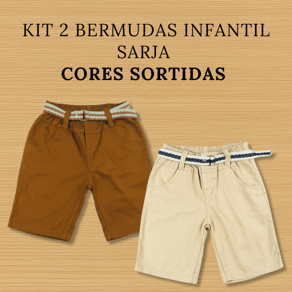 Kit 2 Bermudas Infantil Masculina com Cinto, Bolsos Funcionais e Elástico na Cintura - Cores Sortidas