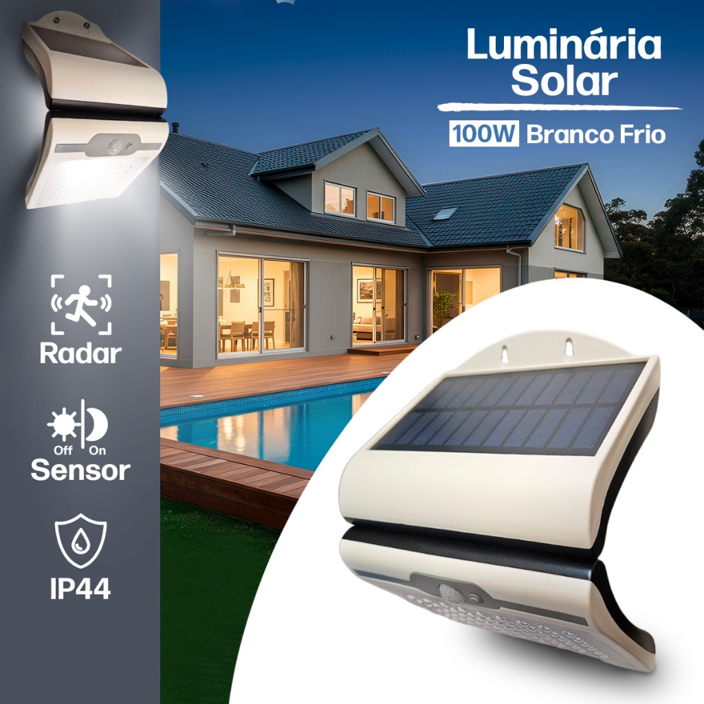 Luminária de Parede Solar Externa Arandela 54 LEDs com Sensor de Movimento para Jardim Área Externa