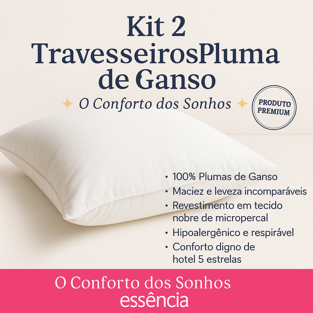 Kit 2 Travesseiro Pluma de Ganso Descanso Antiacaro 70x50cm