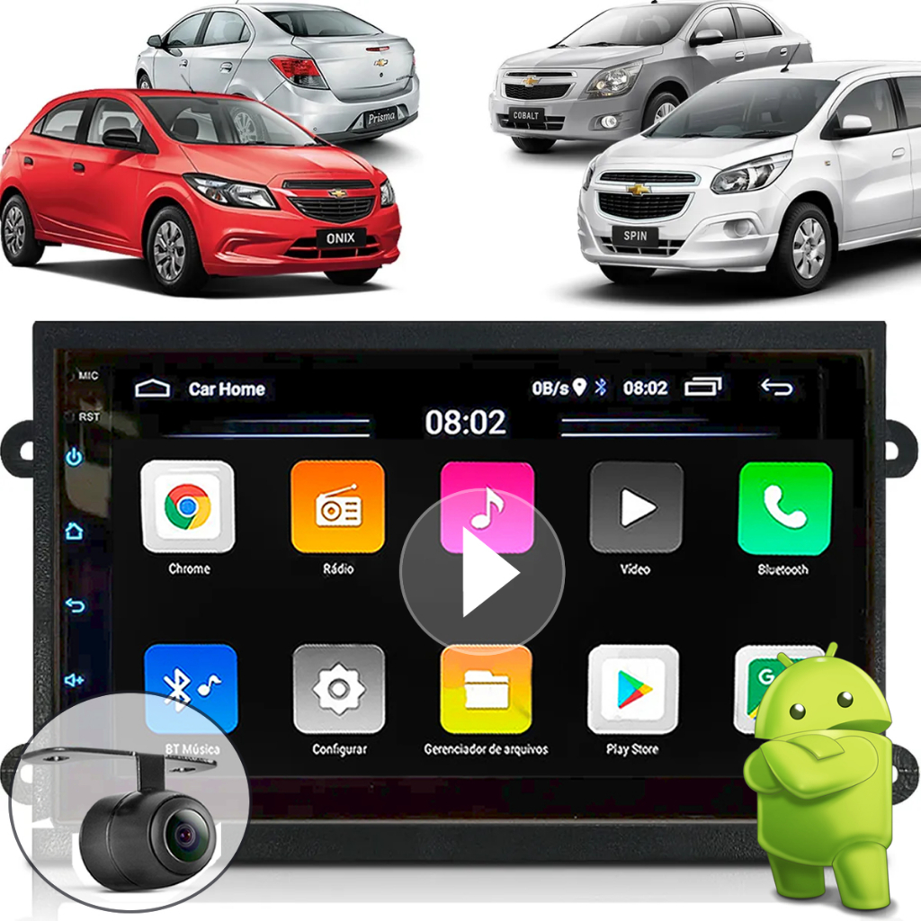 KIT Multimídia Android Auto Carplay Gps Wifi Onix Prisma Joy 2013 À 2021 Moldura 7pol + Câmera de Ré
