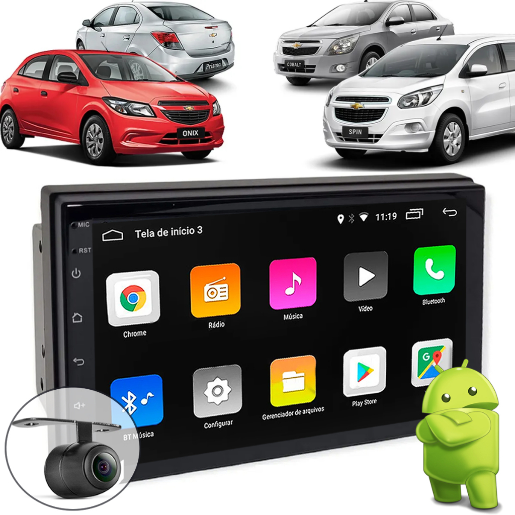 Central Multimídia Android Auto Carplay Gps Wifi Onix Prisma Joy 2013 À 2021 Moldura 7pol Câmera Ré
