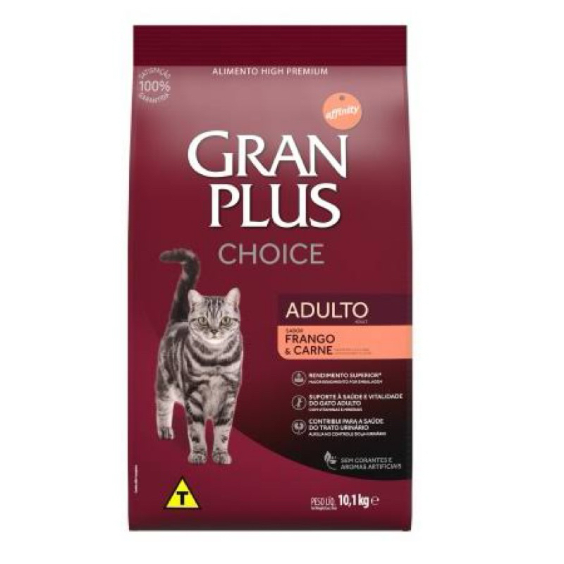 Ração Gran Plus Choice Gatos Adultos 10kg, Premium, Frango e Arroz, Nutrição Completa, Saúde do Trato Urinário