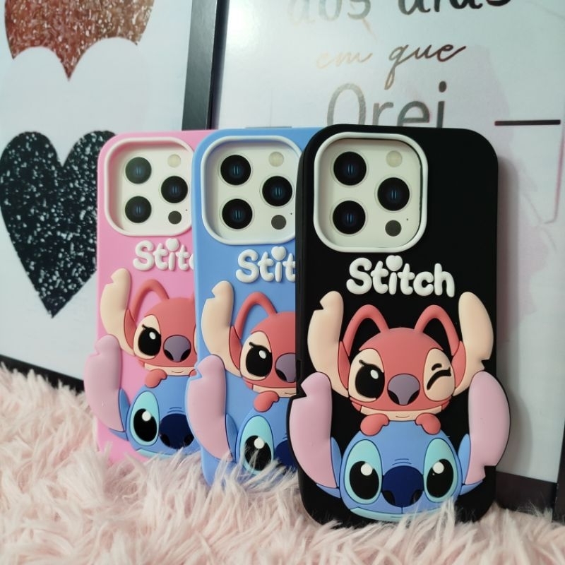 Capinha Emborrachada Lilo stitch iPhone 13 16 16 Pro Orelhinha Bumper Angel Stitch