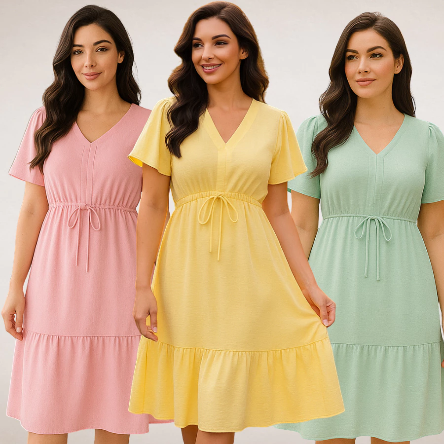 Vestido Feminino Curto Babado Casual Duna Manga Curta Midi Festa Moda Evangélica Elástico Cintura. — imagem 1