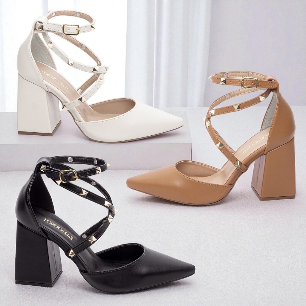 Scarpin Feminino Luxo Sapato Elegante com Pirâmides Tiras Fivela Salto Alto Grosso Festa Torricella