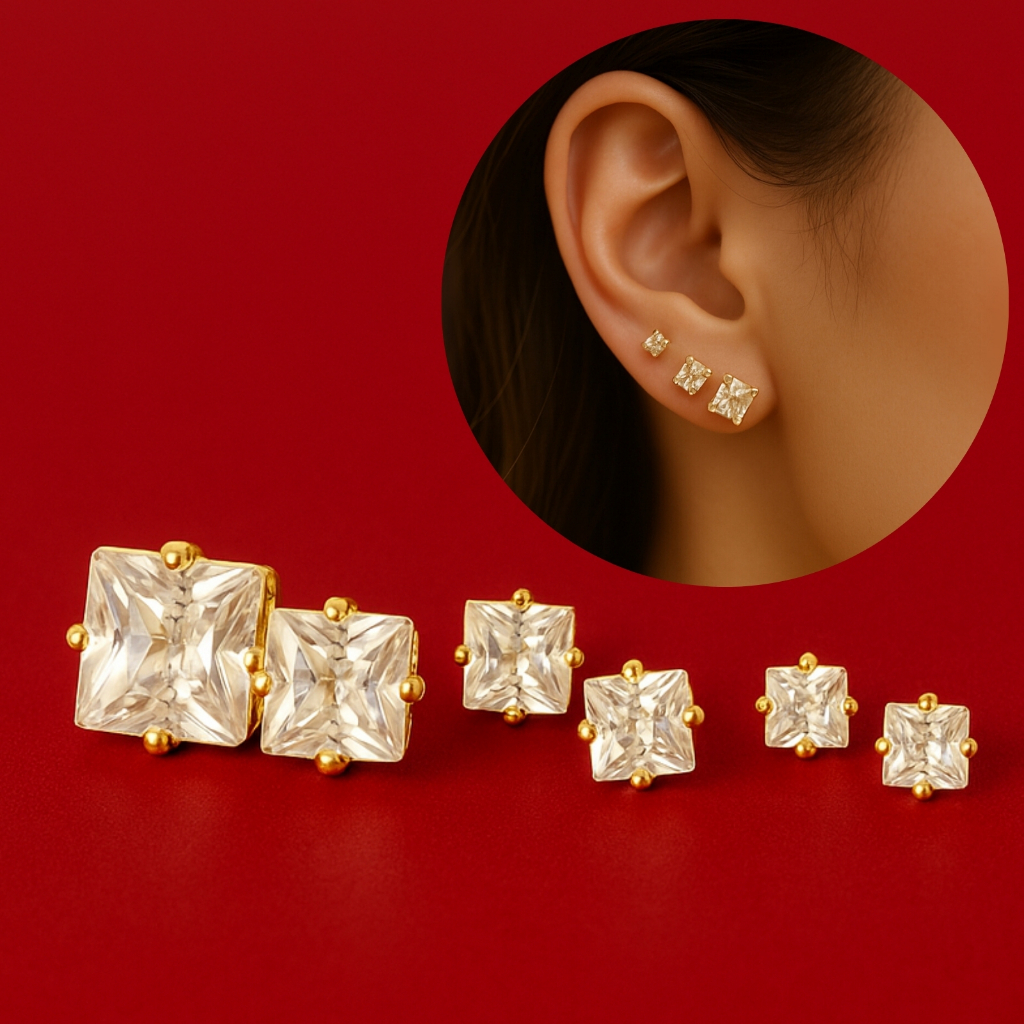 [ SEMI JOIA ] Kit Trio Brincos Ponto de Luz Quadrado Feminino Banho Ouro 18k Anti Alérgico Acessórios Femininos