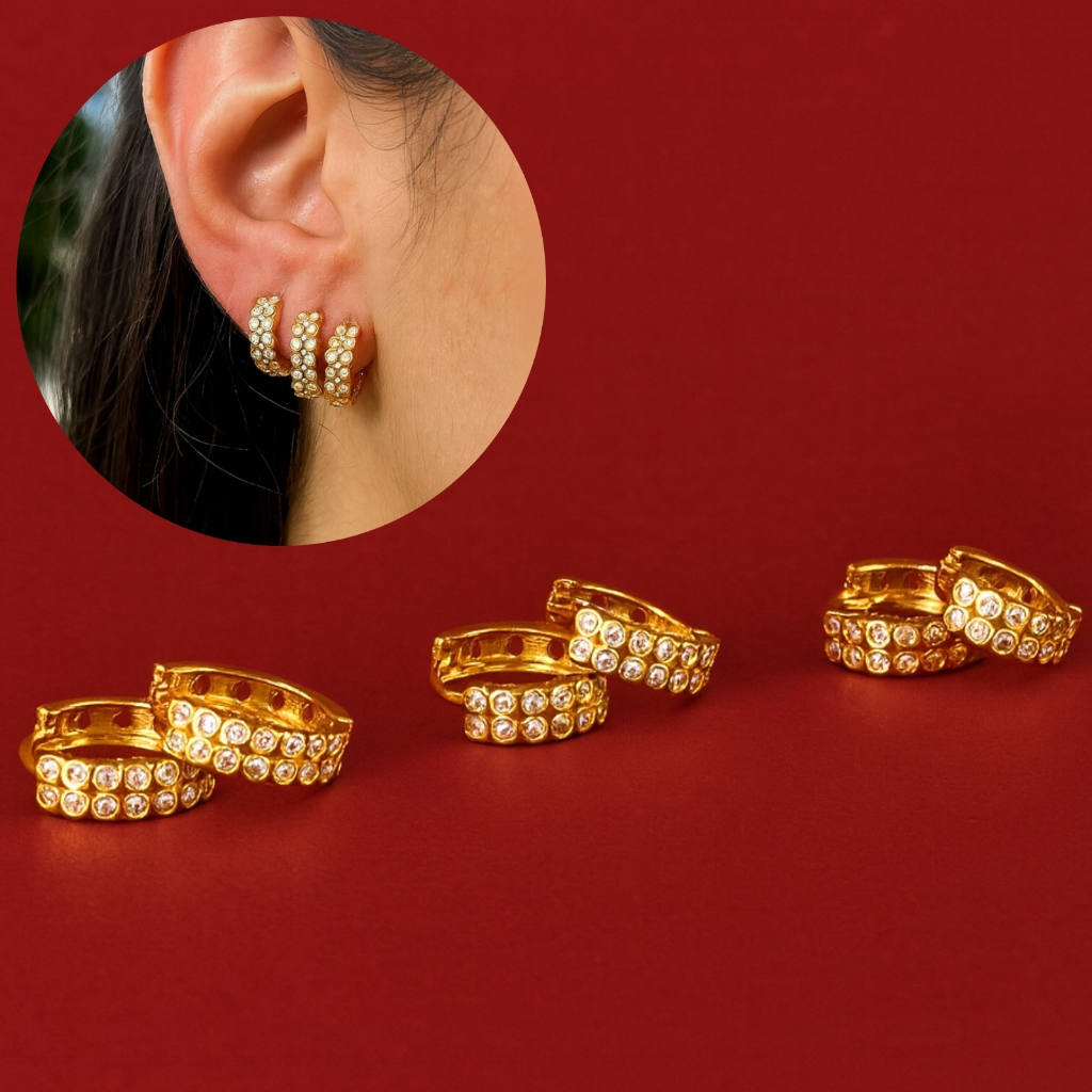 [ SEMI JOIA ] Trio Brincos de Argola Cravejado Fileira Dupla Zircônia Redonda Banhado a Ouro 18k