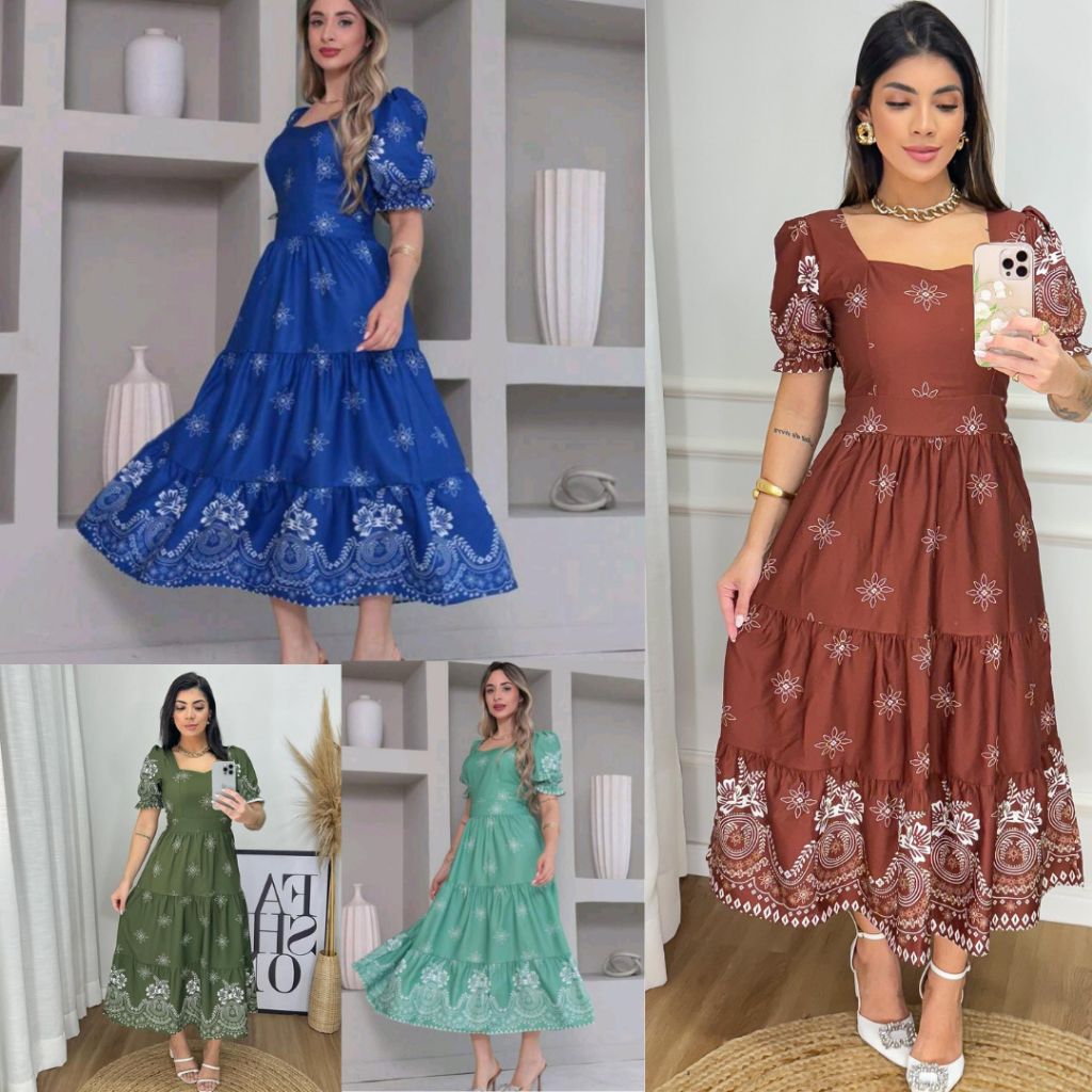 Vestido mídi feminino evangélica manga princesa com elastes na costas confortável tecido crepinho