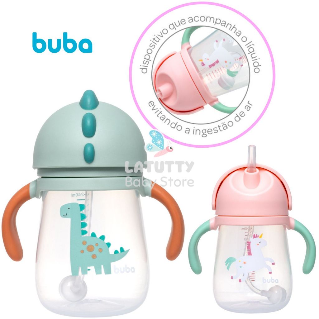 Copo Treinamento Buba Com Canudo Silicone e Dispositivo Acompanha o Líquido 240ml Magic +12 Meses Copo Dino Unicórnio
