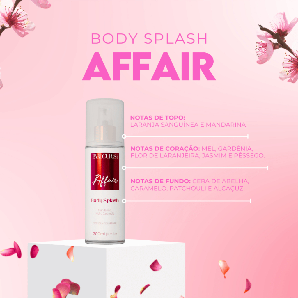 Detalhes do Body Splash Affair Barbour's Beauty 200ml Desodorante Corporal Desodorante Colônia Toque Sensual