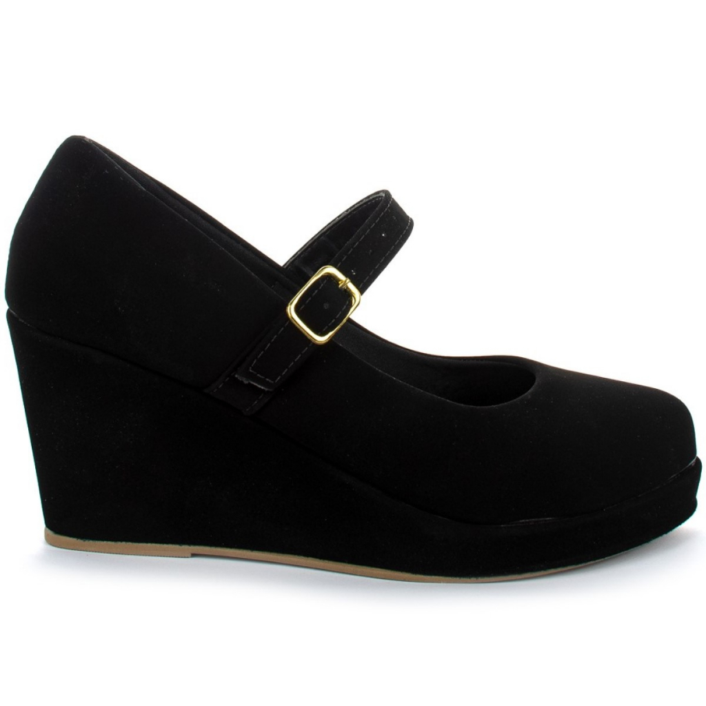 Salto Feminino Anabela Estilo Boneca Lolita Moda Casual Anabela Preta Ref: 890