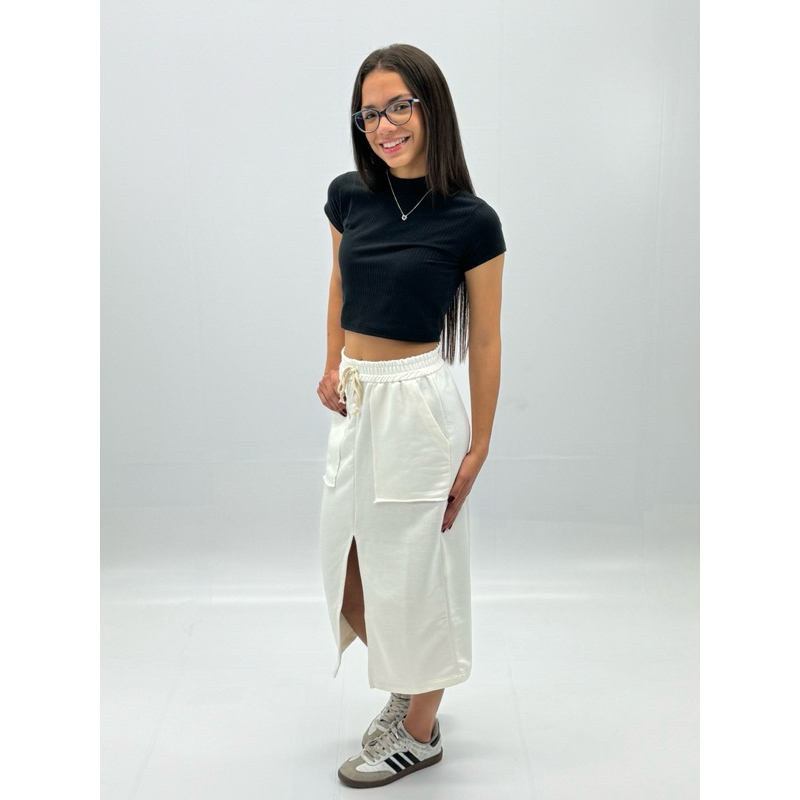 Saia Longa Juvenil Feminina com Fenda Frontal Moletinho Off White