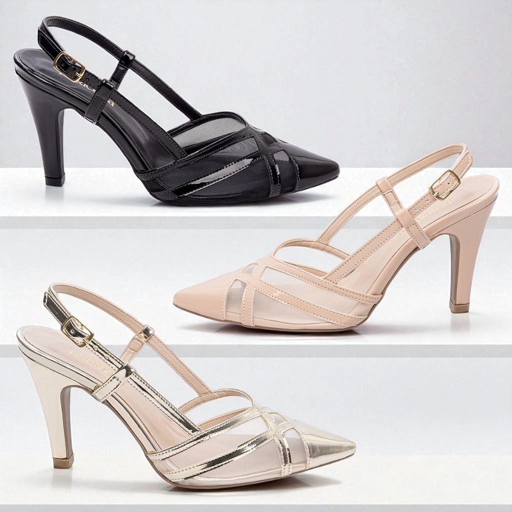 Scarpin Slingback Salto Alto Fino 9cm Sapato Luxo Elegante Festa Torricella Verniz com Tela e Fivela