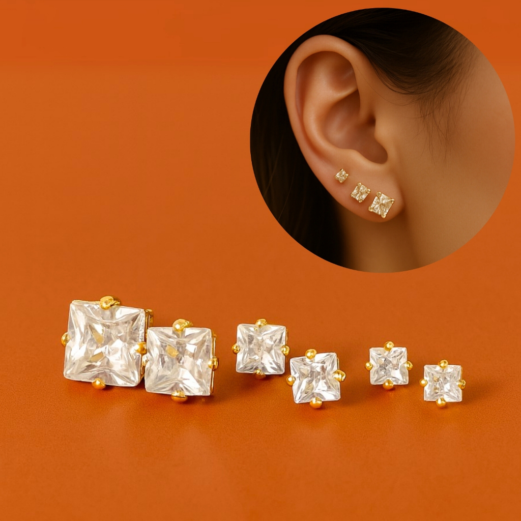 Kit Brincos 3 Furos Trio Ponto de Luz Quadrado Feminino Banhado a Ouro 18k ou Prata Anti Alérgico Acesórios Feminos