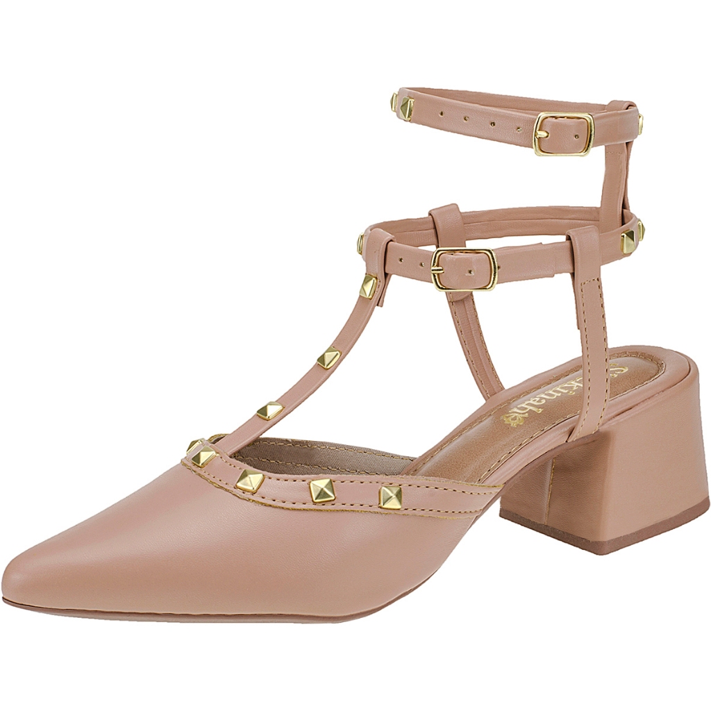 Sapato Feminino Scarpin Bico Fino Salto Bloco Shekinah Boneca Pirâmides Tachas Spikes Rock Chic