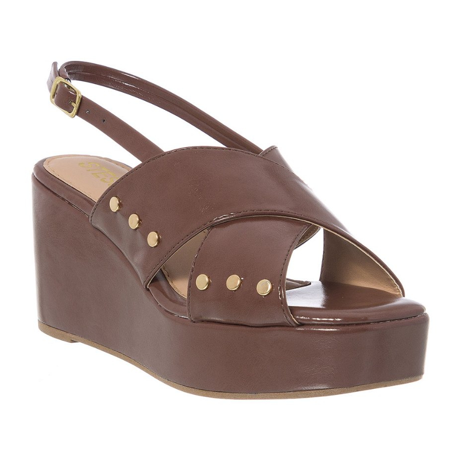 Sandália Anabela Feminina Marrom Stessy Plataforma Tachas Salto Médio Tiras Em X Conf Original Chic em Oferta na Shopee