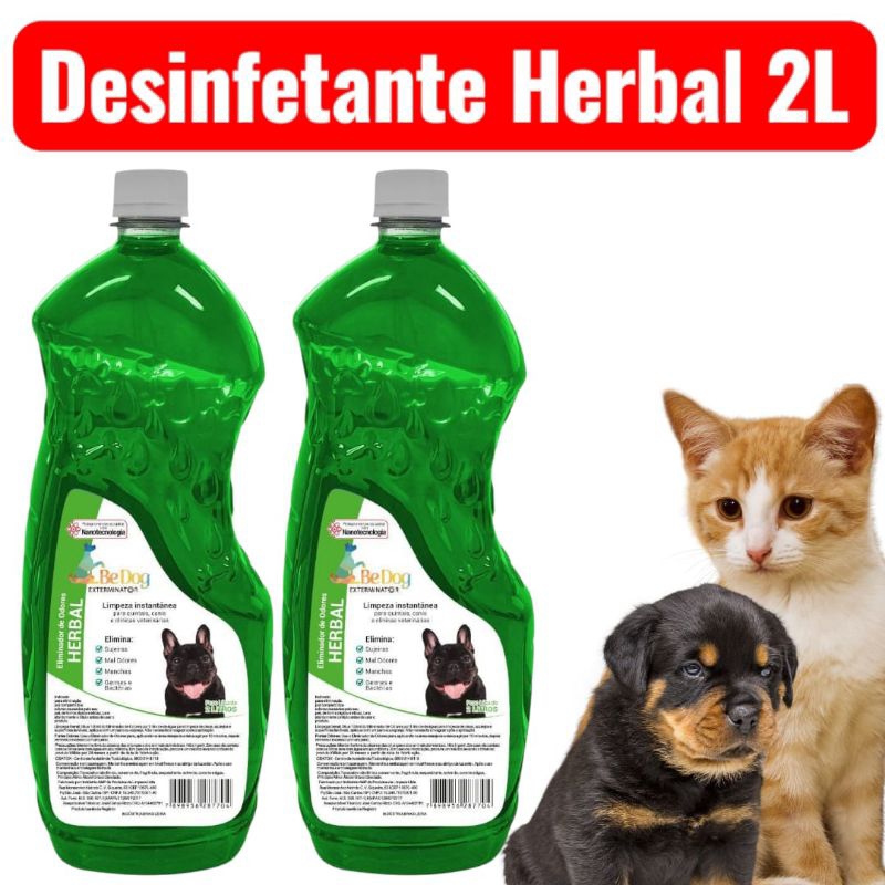 Kit 2 Desinfetantes Eliminador de Odores Para Cão e Gato - 2L Cada - Herbal -Be Dog