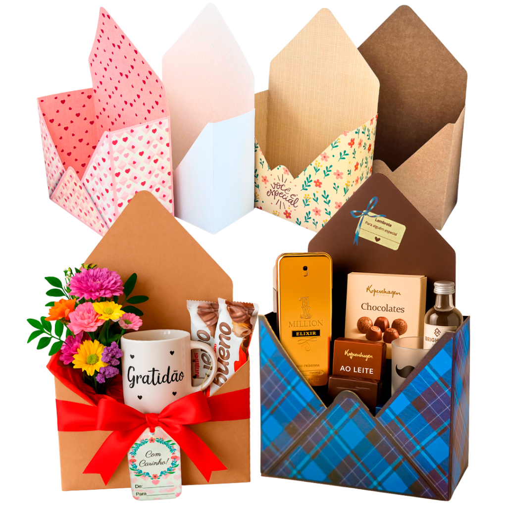 💌 Caixas Envelope para Flores, Presentes e Lembrancinhas – ✨Montagem Automática + Tag de Mimo
