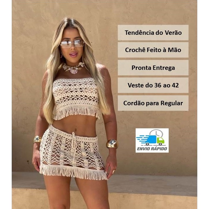 Conjunto Saída de Praia Saia + Top de Crochê com Franja Feito à Mão Tomara que Caia saida croche em Oferta na Shopee