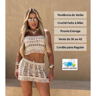 Conjunto Saída de Praia Saia + Top de Crochê com Franja Feito à Mão Tomara que Caia saida croche em Oferta na Shopee