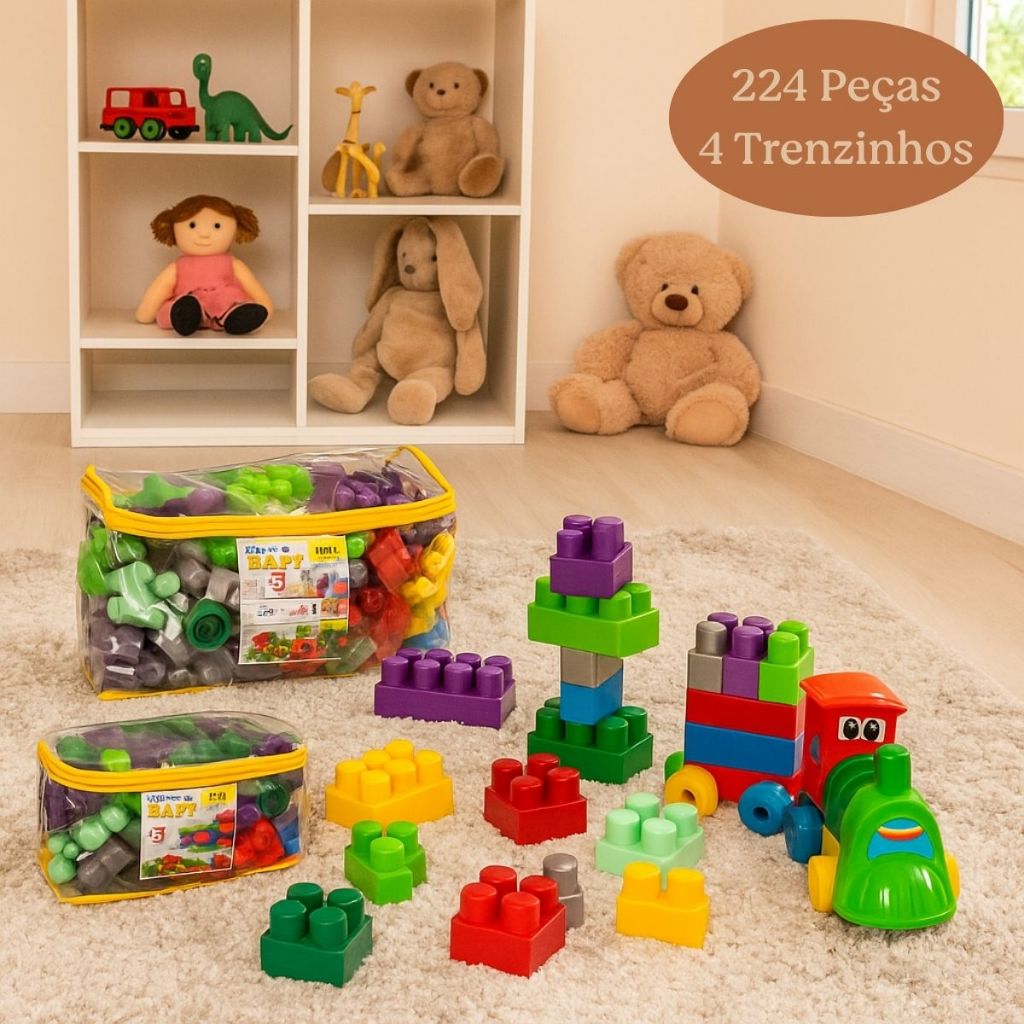 Blocos de Montar Infantil 224 Peças Baby Educativo com Trenzinho Bolsa Colorido Brinquedo Criativo Coordenação Motora