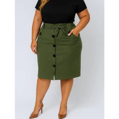 Saia Plus Size Midi Elegancia 6 Botões e Laço Cintura T 48 ao 54