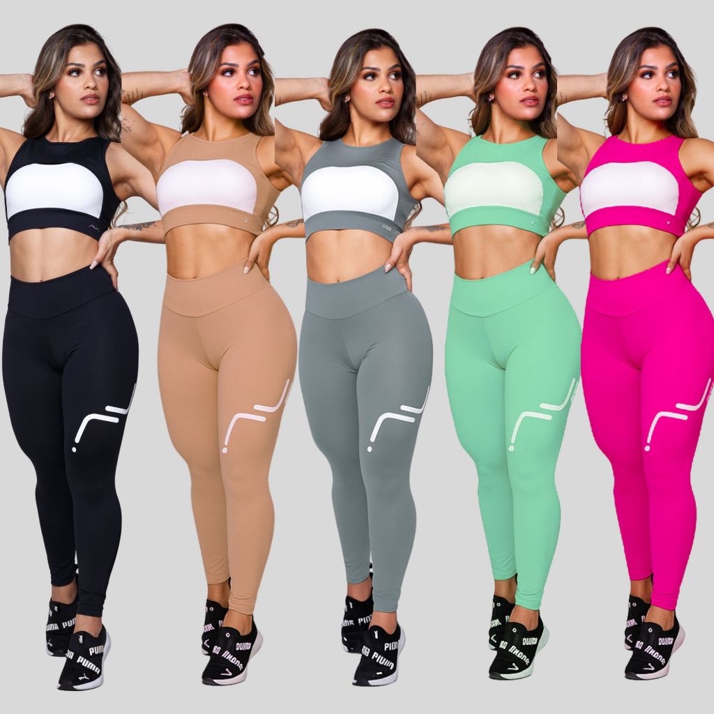 Conjunto Feminino Academia Suplex Poliamida Top Com Abertura e Legging Silk AVA Fitness