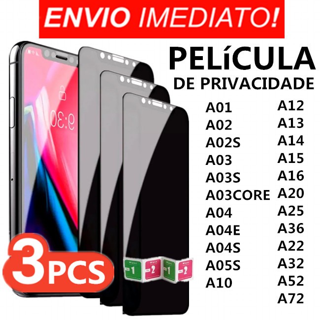 Kit 3 Película Privacidade 3D Vidro Temperado Anti-Spy Para Samsung A01/A02/A02S/A03/A03S/A03CORE/A04/A04E/A04S/A05S/A10