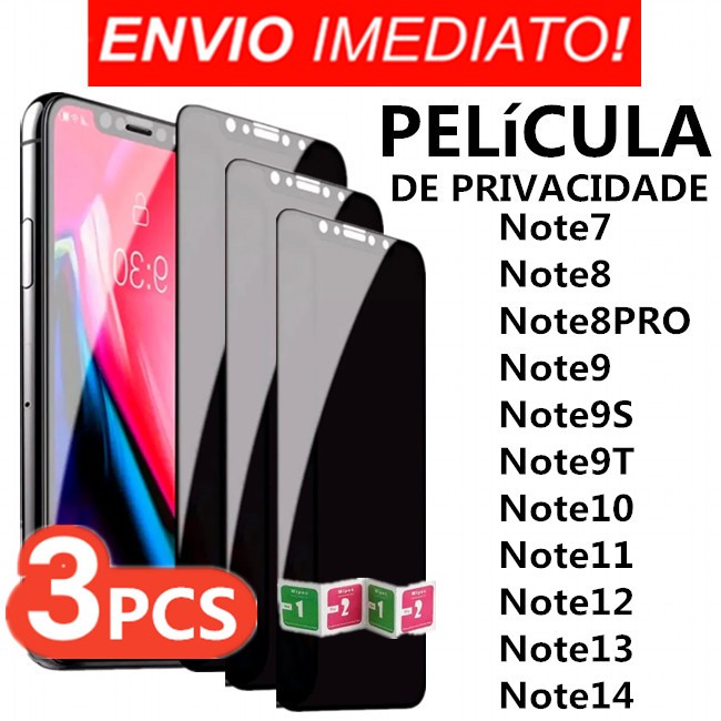 Kit 3 Película De Privacidade 3D Vidro Redmi Note 7 8 8PRO 9 9S PRO 9T 10 4G/5G PRO 11 4G/5G PRO PLUS 12 13 14 PRO PLUS